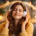 donna con cuffie che ascolta musica mentre note musicali rappresentano una melodia che resta nella mente