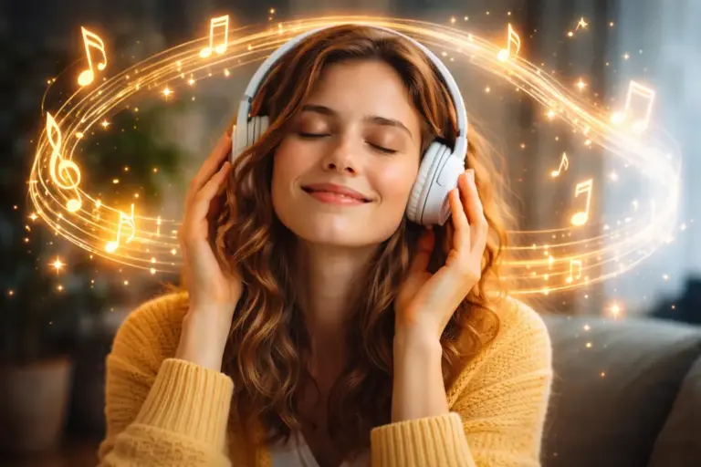 donna con cuffie che ascolta musica mentre note musicali rappresentano una melodia che resta nella mente