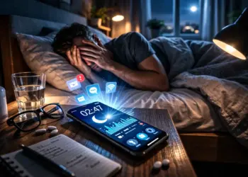 uomo sveglio di notte che guarda lo smartphone con luce blu mentre fatica ad addormentarsi