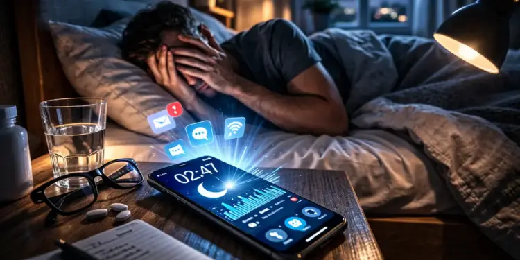uomo sveglio di notte che guarda lo smartphone con luce blu mentre fatica ad addormentarsi