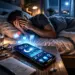 uomo sveglio di notte che guarda lo smartphone con luce blu mentre fatica ad addormentarsi
