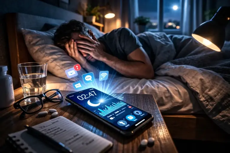 uomo sveglio di notte che guarda lo smartphone con luce blu mentre fatica ad addormentarsi