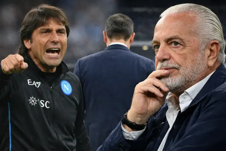 Conte e De Laurentiis con una terza persona di spalle sullo sfondo