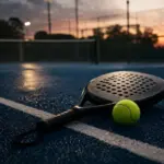 Una racchetta e una pallina di padel a terra