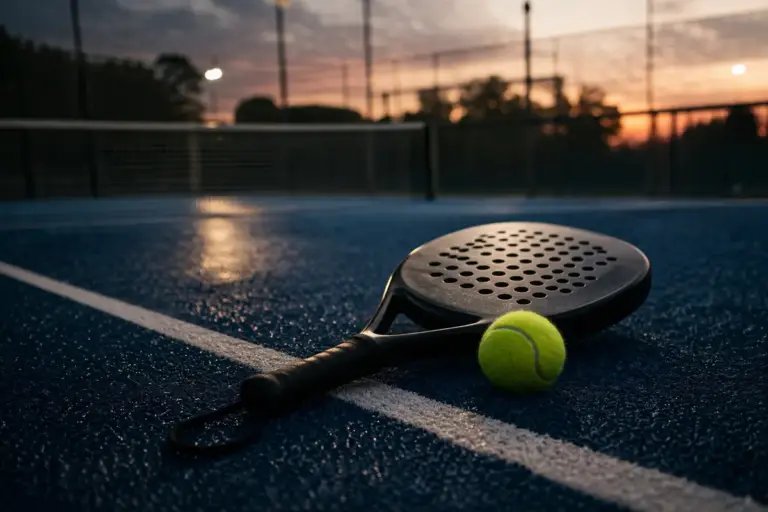 Una racchetta e una pallina di padel a terra