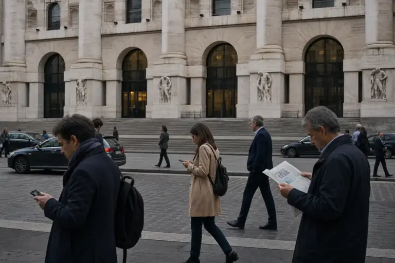 Persone in abiti da lavoro camminano davanti a un grande edificio in pietra, consultando smartphone e giornale