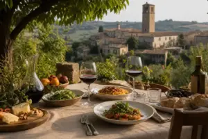 Tavola rustica con piatti italiani, pane e calici di vino rosso con vista su borgo collinare
