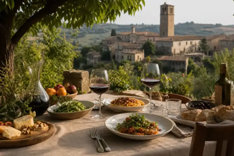 Tavola rustica con piatti italiani, pane e calici di vino rosso con vista su borgo collinare