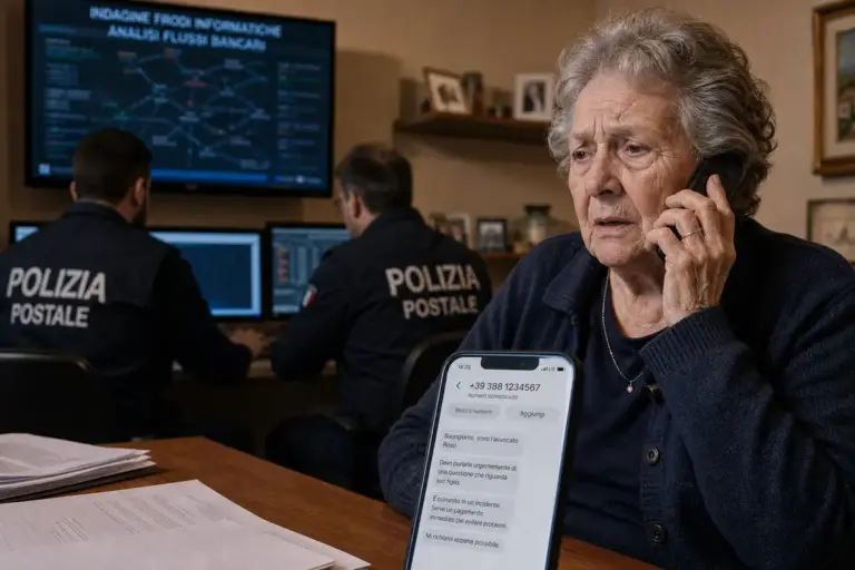 Anziana al telefono con espressione preoccupata, smartphone con messaggi sospetti e agenti della Polizia Postale al