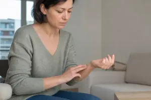 Donna seduta che preme con due dita l’interno del polso opposto, mostrando un gesto di digitopressione