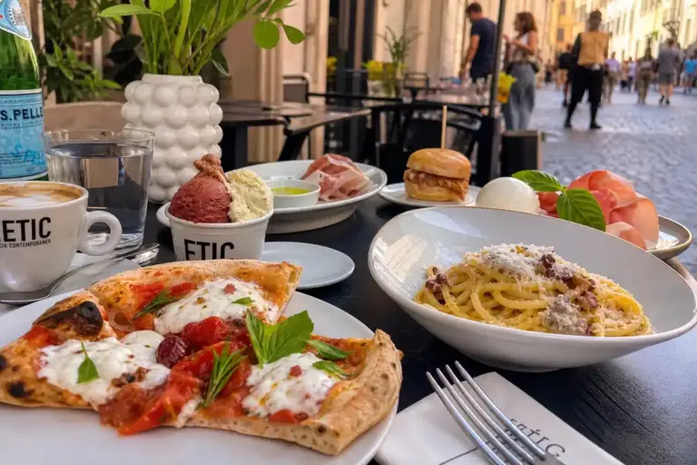 Tavolo all’aperto con pizza a spicchi, pasta, gelato, caffè e antipasti, sullo sfondo una strada di Roma