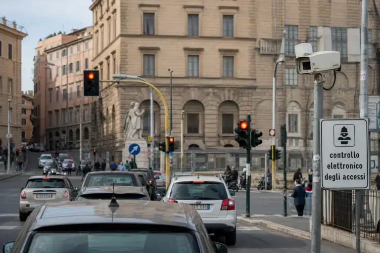 Incrocio urbano con semaforo rosso, auto in coda e telecamera di controllo elettronico degli accessi