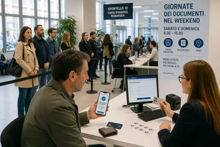 Sportello per documenti con fila di cittadini e utente che mostra la prenotazione sullo smartphone all’operatrice