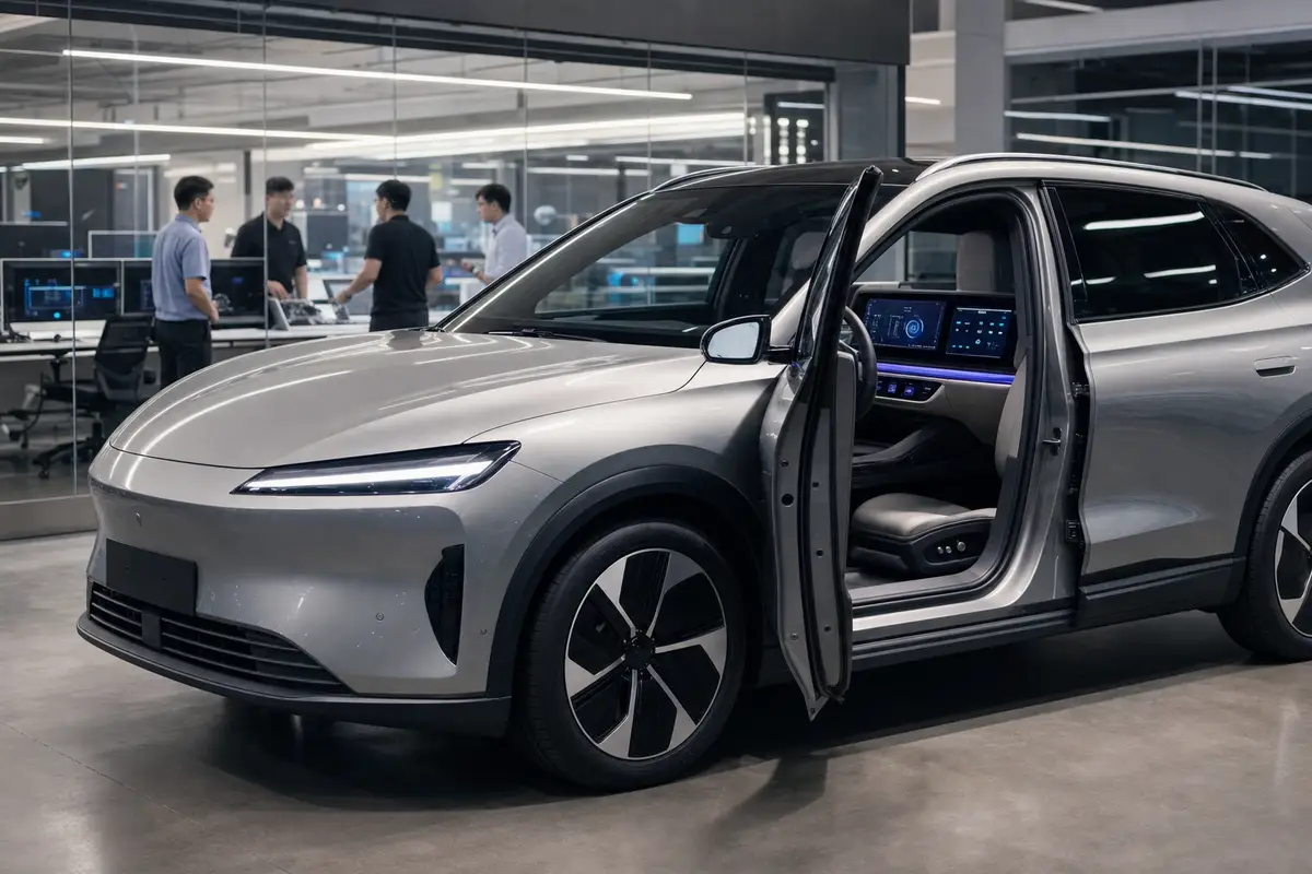 Crossover elettrico grigio in un centro di sviluppo, con portiera anteriore aperta e cockpit digitale acceso