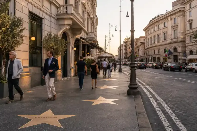 Marciapiede con targhe a forma di stella e passanti su un elegante viale romano al tramonto