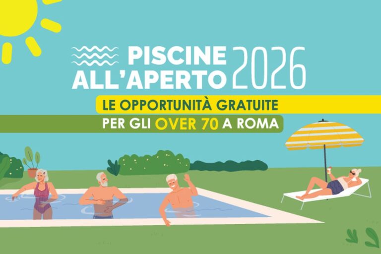 Illustrazione promozionale: anziani in piscina all'aperto con testo "Piscine all'aperto 2026 – Le opportunità gratuite per gli over 70 a Roma"