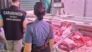 Nell'immagine due poliziotti che hanno partecipato all'operazione di sequestro di carne avariata