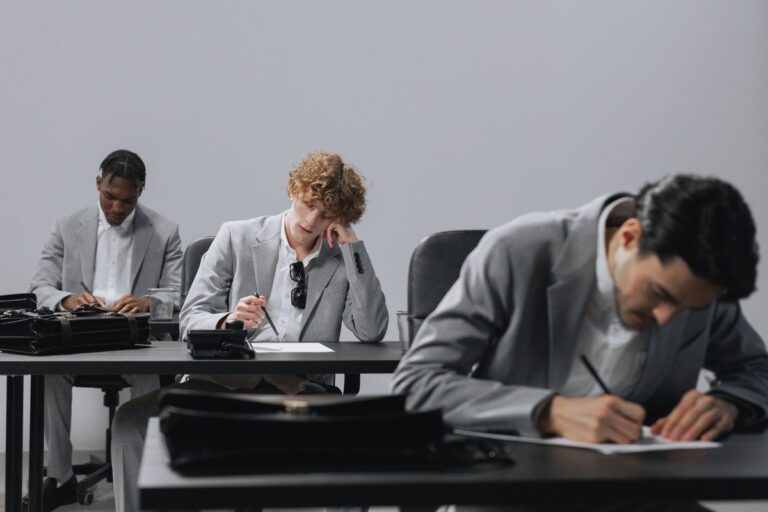 Tre candidati in giacca grigia concentrati durante le prove scritte di un concorso pubblico