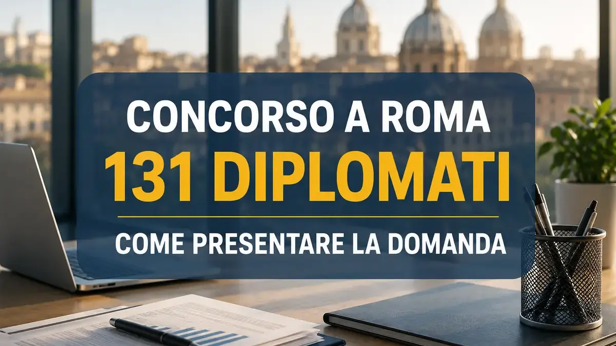 Vista panoramica di Roma da un ufficio con in primo piano la scritta "Concorso a Roma, 131 diplomati, come presentare la domanda"