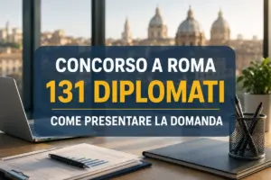 Vista panoramica di Roma da un ufficio con in primo piano la scritta "Concorso a Roma, 131 diplomati, come presentare la domanda"