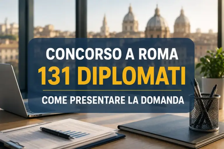 Vista panoramica di Roma da un ufficio con in primo piano la scritta "Concorso a Roma, 131 diplomati, come presentare la domanda"