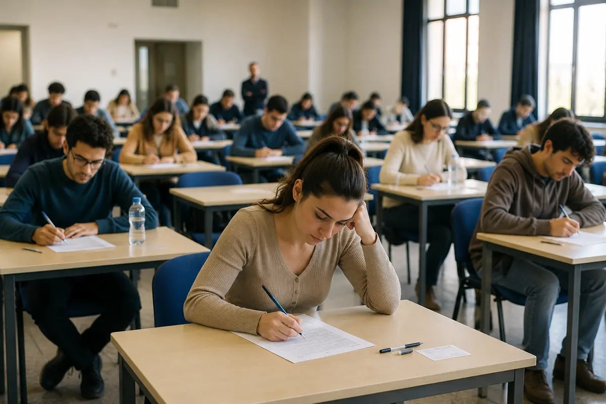 Aula di concorso durante le prove di esame con persone che rispondono ai test di valutazione