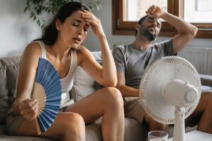 Due persone si rinfrescano davanti a un ventilatore acceso in casa per combattere il caldo torrido estivo a Roma.