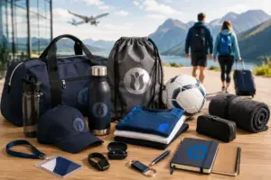 Merchandising per lo sport su tavolo di legno con paesaggio di montagna sullo sfondo