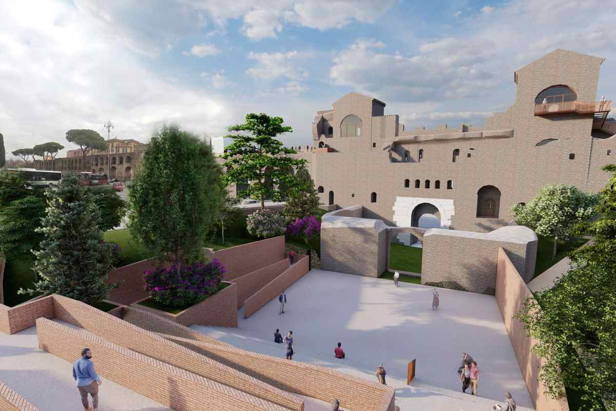 Rendering del progetto di riqualificazione delle mura di Roma con percorso pedonale e area verde