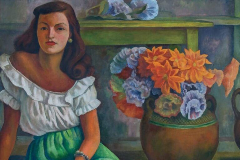 Un dipinto di Diego Rivera rappresentante una giovane con camicia bianca, circondata da fiori