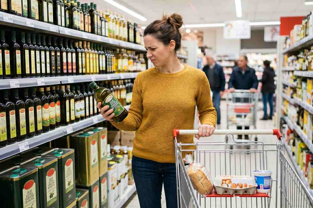 Donna con maglione giallo al supermercato legge l'etichetta di una bottiglia di olio extravergine di oliva tra gli scaffali