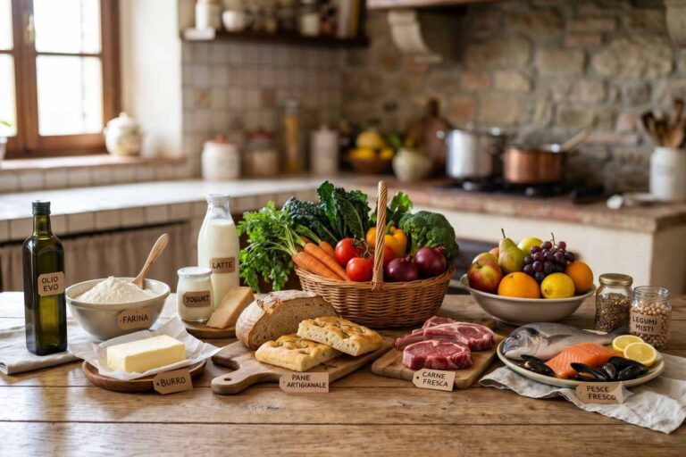 Tavola rustica con alimenti freschi etichettati: olio EVO, farina, burro, latte, yogurt, pane artigianale, verdure, frutta, carne, pesce e legumi