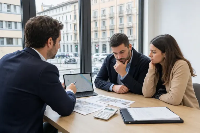 Agente immobiliare mostra una mappa su tablet a una coppia pensierosa in ufficio, con annunci e calcolatrice sul tavolo