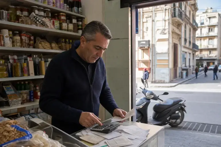 Commerciante in un piccolo negozio controlla scontrini e calcolatrice vicino all’ingresso, con scooter e strada sullo sfondo
