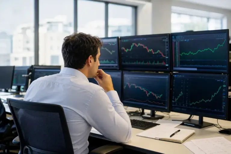 Analista in ufficio davanti a più monitor con grafici di Borsa e linee verdi in rialzo
