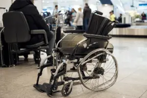 Carrozzina manuale danneggiata nell’area arrivi di un aeroporto, con ruota piegata e passeggeri sfocati sullo sfondo