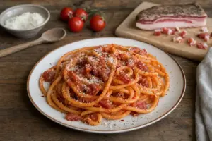 Piatto di bucatini all’amatriciana con guanciale, pecorino grattugiato e pepe su tavolo rustico