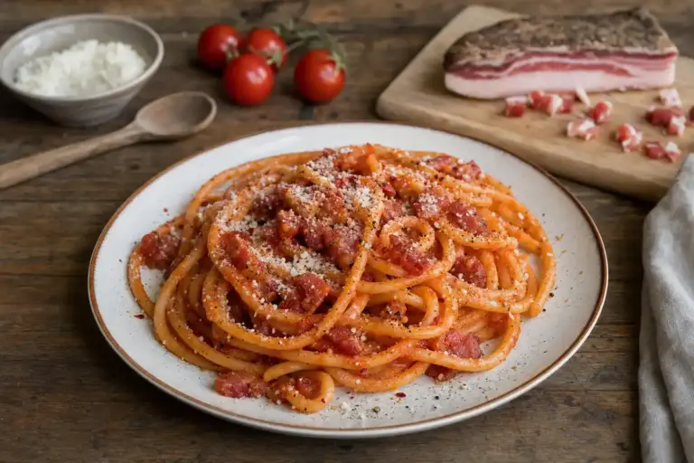 Piatto di bucatini all’amatriciana con guanciale, pecorino grattugiato e pepe su tavolo rustico