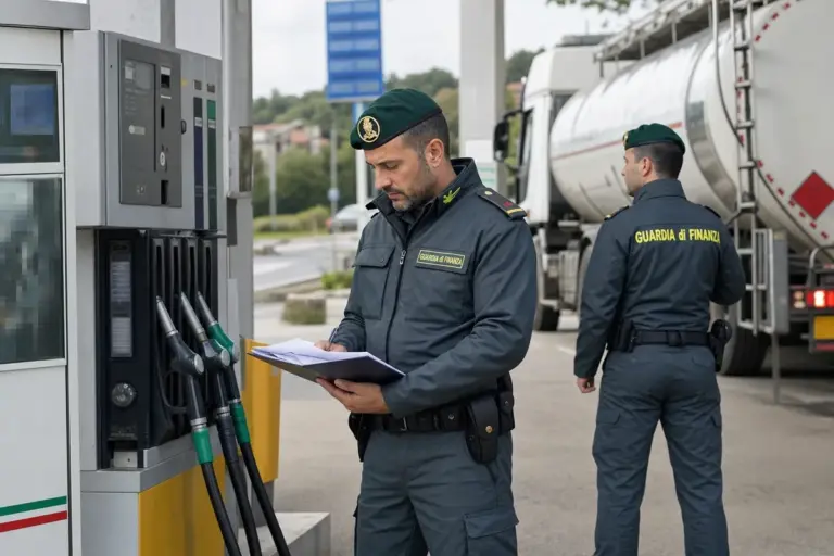Due militari della Guardia di Finanza controllano una pompa di benzina con un camion cisterna sullo sfondo