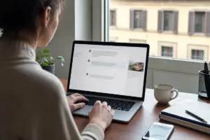 Persona al computer con chat aperta e riquadro pubblicitario “Annuncio” accanto, su una scrivania con tazza e taccuino