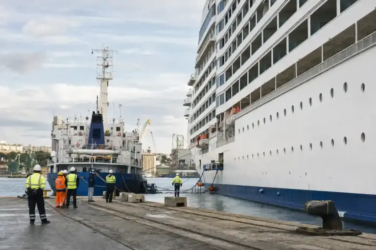 Nave da crociera affiancata a nave bunker in porto, con operatori in giubbotti alta visibilità e tubazioni di trasferimento