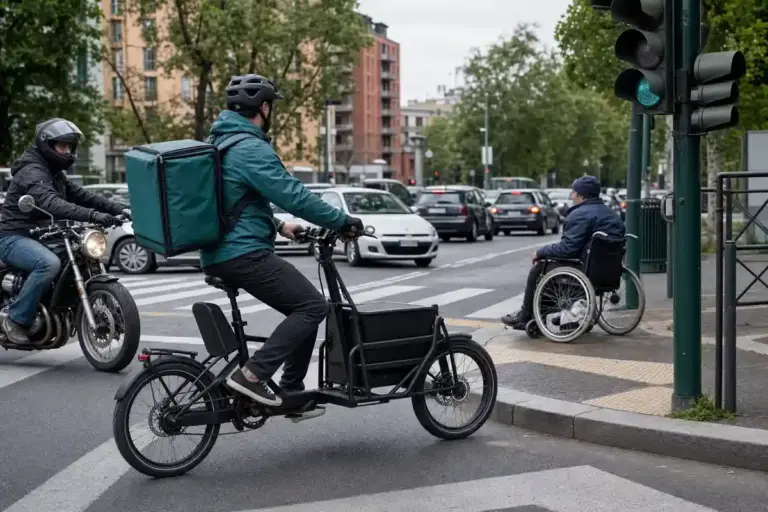Rider con casco su cargo e-bike vicino alle strisce, con moto e auto in traffico e una persona in sedia a rotelle al semaforo
