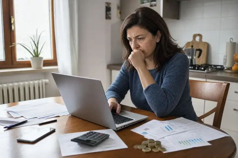 Donna preoccupata al tavolo con laptop, bollette e documenti, calcolatrice, smartphone e monete in euro