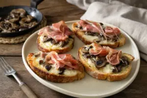 Quattro crostini caldi con mozzarella fusa, funghi e prosciutto su piatto di ceramica, su tavolo rustico