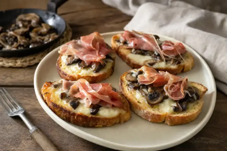 Quattro crostini caldi con mozzarella fusa, funghi e prosciutto su piatto di ceramica, su tavolo rustico
