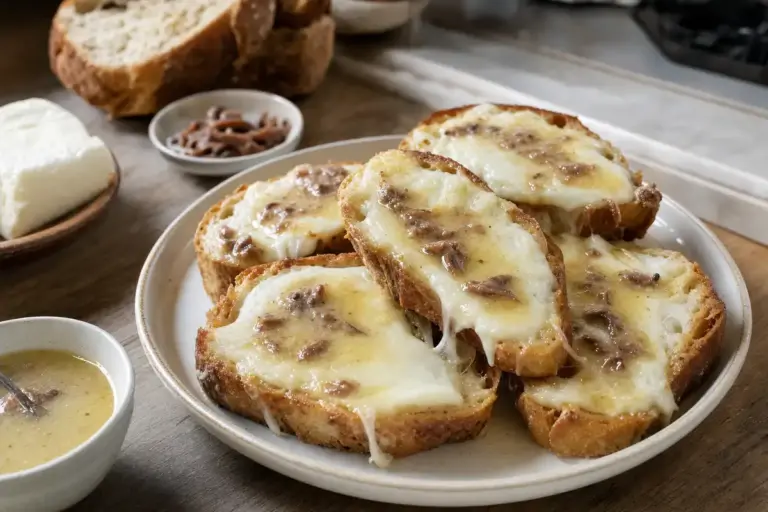 Crostini di pane rustico con mozzarella fusa e pezzetti di alici, serviti su piatto con ciotoline di salsa