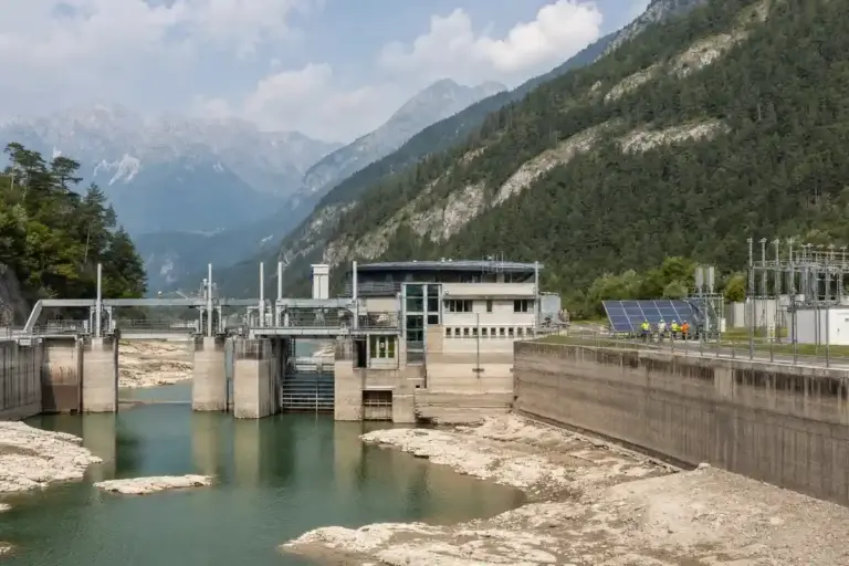 Centrale idroelettrica alpina con livello dell’acqua basso, diga in cemento e pannelli solari a lato