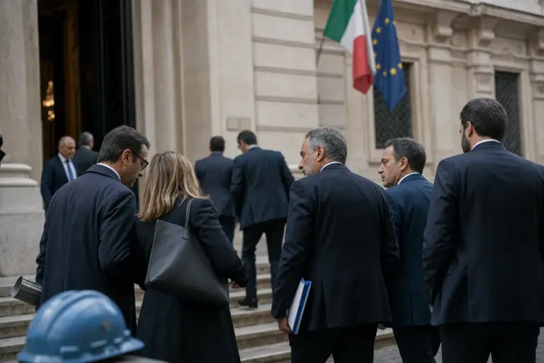 Dirigenti in giacca e cravatta fuori da un ministero, con bandiere italiana e UE e un casco da operaio in primo piano