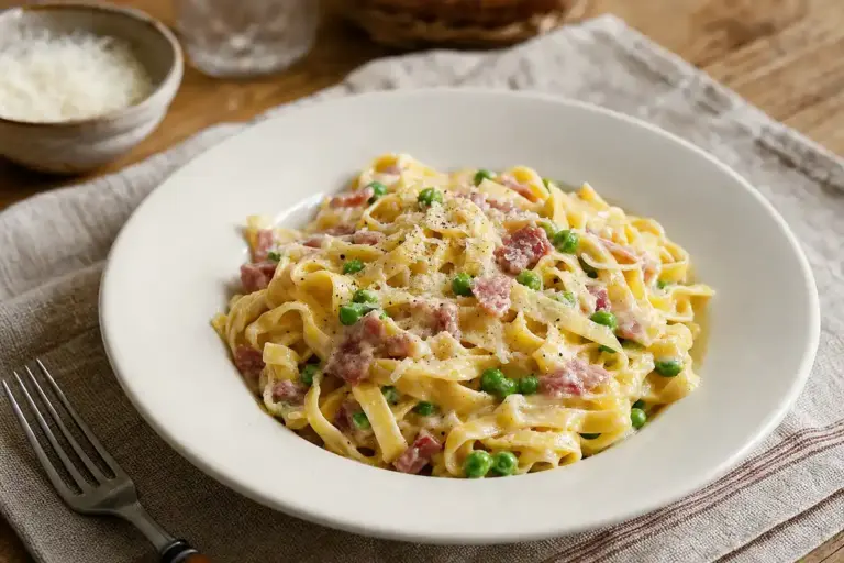 Piatto di fettuccine cremose con piselli, prosciutto a dadini, parmigiano grattugiato e pepe nero