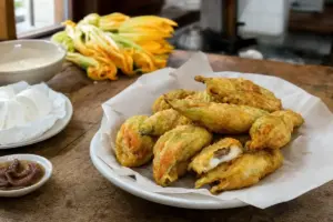 Fiori di zucca fritti dorati su piatto bianco con carta assorbente, con mozzarella filante visibile